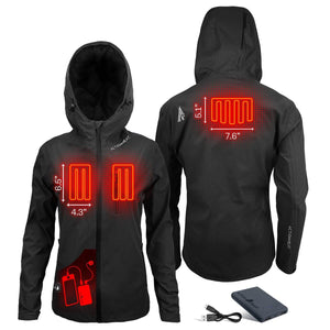 ActionHeat black hooded jacket showing internal heating element locations and battery pack