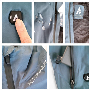 ActionHeat jacket features showing power button water resistant fabric interior label zipper and battery pocket