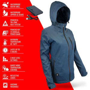 ActionHeat blue hooded jacket with power bank and list of technical features