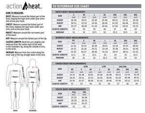 ActionHeat 5V outerwear size chart with body measurement tables for men women unisex and youth