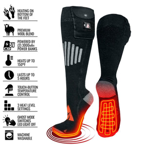 ActionHeat black heated wool blend socks with battery pack and feature list