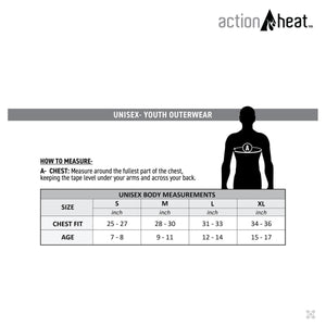 ActionHeat youth unisex size chart showing chest measurements and age ranges for sizes small through extra large