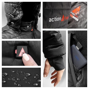 ActionHeat jacket features including hood, logo, power button, water resistant fabric, and battery pack