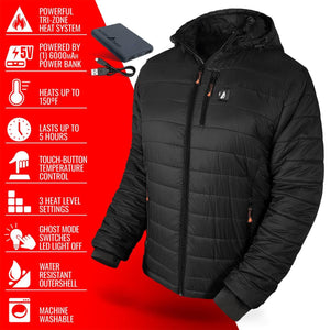ActionHeat black hooded jacket with tri-zone heating system and power bank features