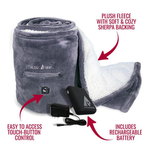 ActionHeat grey fleece blanket with sherpa backing, rechargeable battery, and touch button control