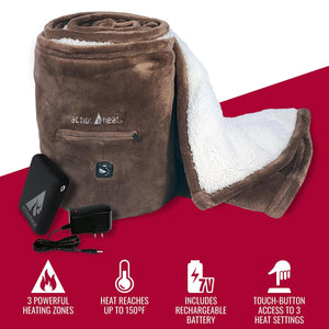 ActionHeat brown heated blanket with rechargeable battery and charger showing three heat settings and heating zones