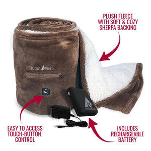 ActionHeat brown fleece blanket with sherpa backing, touch button control, and rechargeable battery
