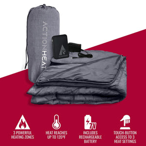 ActionHeat grey heated blanket with rechargeable battery and charger in storage bag