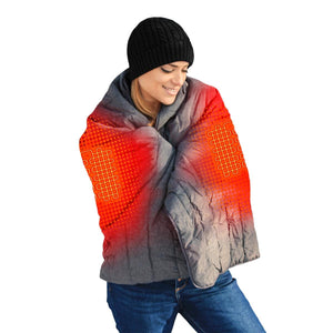 Person wearing a black beanie wrapped in an ActionHeat heated blanket with visible heating elements