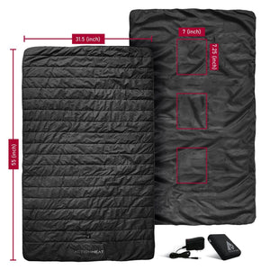ActionHeat heated blanket dimensions diagram with battery and charger
