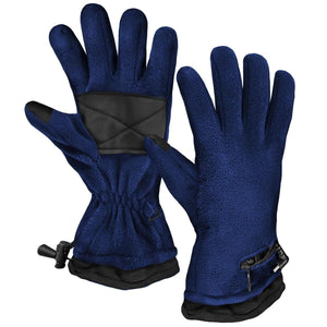 ActionHeat blue fleece gloves with black palm grip and zippered battery pocket