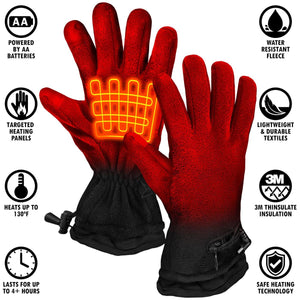ActionHeat red and black battery powered heated gloves with feature icons