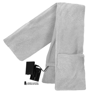 ActionHeat grey fleece scarf with battery pack requiring three AA batteries