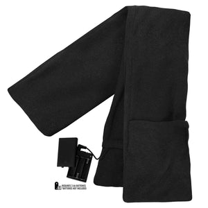 ActionHeat black fleece scarf with battery pack requiring three AA batteries