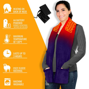 ActionHeat fleece scarf with battery pack and heating features listed
