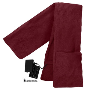 Burgundy fleece heated scarf with battery pack requiring three AA batteries