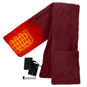 ActionHeat burgundy battery operated heated scarf with visible heating element and battery pack