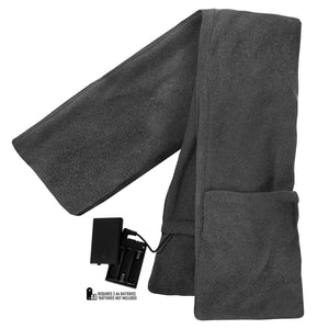 ActionHeat grey fleece scarf with battery pack requiring three AA batteries