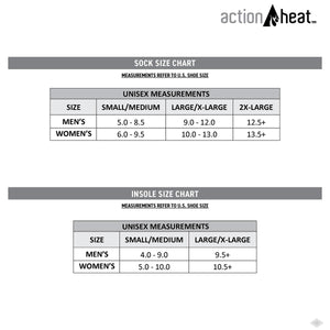 ActionHeat sock and insole size chart for men and women based on US shoe sizes