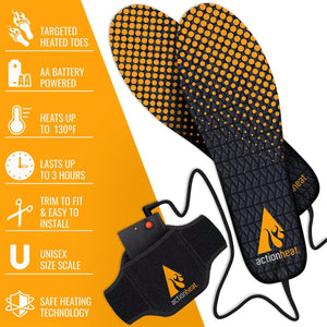 ActionHeat battery powered heated insoles with feature list