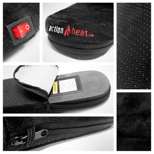 ActionHeat heated cushion features a power switch battery compartment zipper and non-slip base