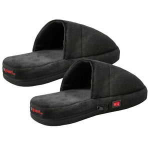 Pair of black plush heated slippers with red power switch on side