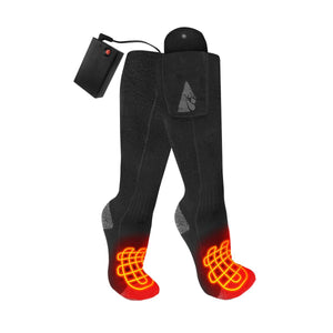 ActionHeat black battery powered heated socks with glowing red heating elements in the toe area