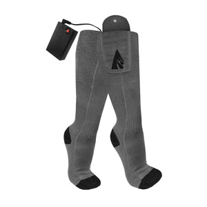 ActionHeat grey battery heated socks with black heels and toes and external battery pack
