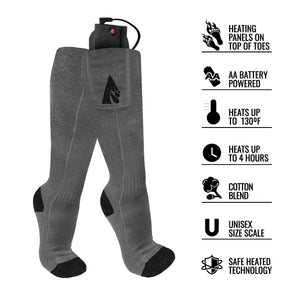 ActionHeat grey battery powered heated socks with feature list icons