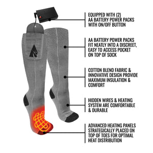 ActionHeat battery powered heated socks with labeled features showing battery packs and heating elements