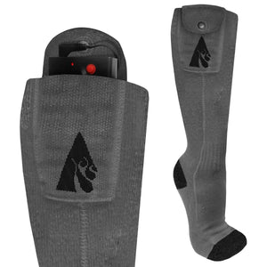 ActionHeat grey battery heated socks with battery pack in pocket