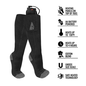 ActionHeat black battery powered heated socks with feature icons and text