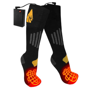 ActionHeat black battery heated socks with glowing red heating elements in the toe area