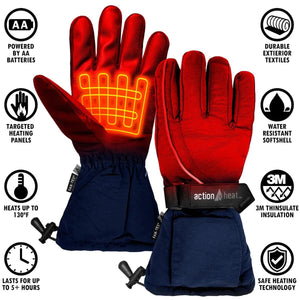 ActionHeat battery powered heated gloves with feature icons highlighting heating panels and insulation