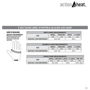 ActionHeat glove size chart showing knuckle circumference measurements for men women and unisex sizing