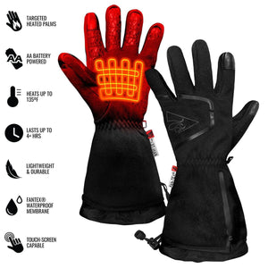 ActionHeat battery powered heated gloves with feature icons and text