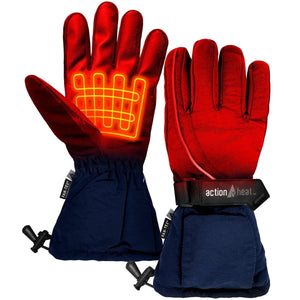 ActionHeat red and blue heated gloves with visible heating element grid