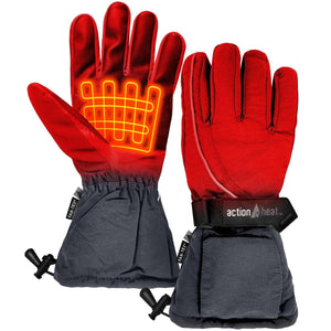 ActionHeat red and black battery heated gloves with visible heating element graphic