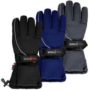 Three ActionHeat battery heated gloves in black blue and grey