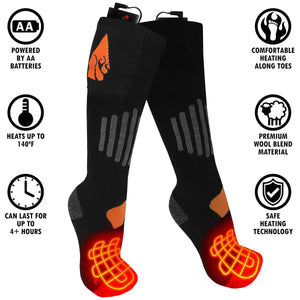 ActionHeat battery powered wool blend heated socks with feature icons