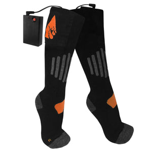 ActionHeat black battery heated socks with orange logo and grey accents