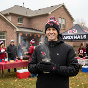 Man wearing Arizona Cardinals branded winter gear holding a steaming mug at a tailgate party