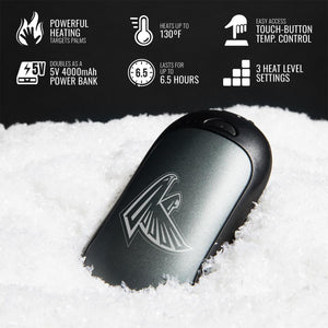 ActionHeat hand warmer with Atlanta Falcons logo on snow with feature icons