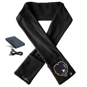 ActionHeat black heated scarf with Baltimore Ravens logo battery pack and charging cable