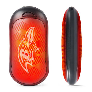 ActionHeat rechargeable hand warmer with Baltimore Ravens logo and orange hexagonal pattern