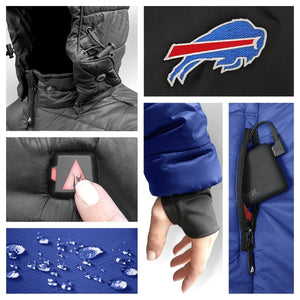 ActionHeat jacket features including Buffalo Bills logo, power button, battery pack, and water resistant fabric