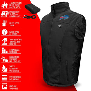 ActionHeat black heated vest with Buffalo Bills logo and feature list