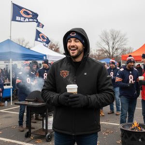 Man wearing ActionHeat black jacket and Chicago Bears beanie holding a coffee cup at a tailgate