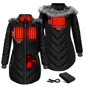 ActionHeat black heated parka showing heating element locations with dimensions and included power bank