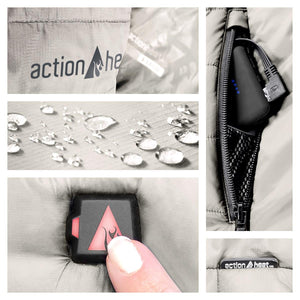 ActionHeat jacket features including branding, water resistant fabric, battery pack in pocket, and power button